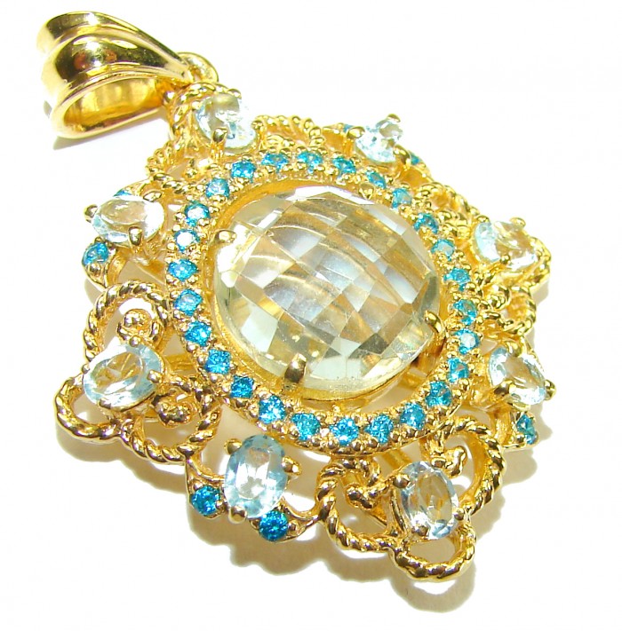 Celtic Spirit authentic fancy cut 14.5 carat White Topaz 18K Gold over .925 Sterling Silver handcrafted Statement Pendant - Close-up of Celtic Spirit 14.5 ct White Topaz pendant in 18K gold settings