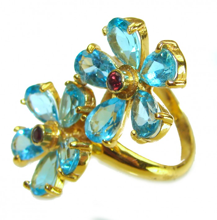 Blue Garden 27.8 carat Swiss Blue Topaz 14K Gold over .925 Sterling Silver handcrafted Large ring size 8 - Close-up of blue topaz floral ring in 14K gold over silver.
