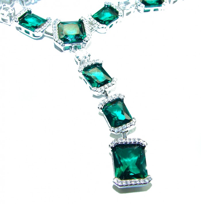 Green Royalty 27.2 carat Emerald .925 Sterling Silver .925 Sterling Silver Statement Necklace - Close-up of Green Royalty 27.2 carat emerald necklace in sterling silver.