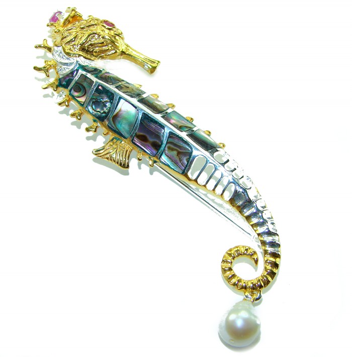 Precious SeaHorse Natural Rainbow Abalone Ruby 14K Gold over .925 Sterling Silver handmade Pendant Brooch - Seahorse brooch side view with abalone and pearl accents.