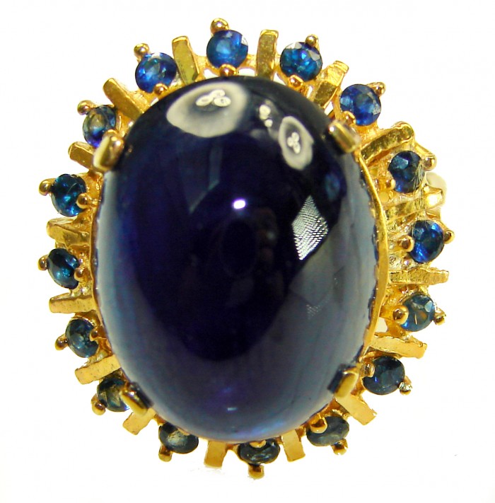 Authentic 14.5 carat Brazilain Kyanite 2.1 carat rare Grandidierite .925 Sterling Silver dipped in 22K Gold handcrafted Ring size 7 1/4 - Close-up of Brazilian Kyanite ring with Grandi stones.