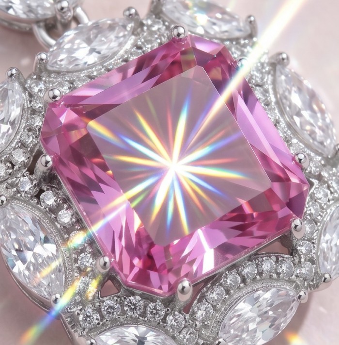 Vintage style boquette cut 12.8 carat Pink Sapphire .925 Sterling Silver DIPPED IN RHODIUM handmade Pendant - Stone close-up of vintage 12.8 carat pink sapphire in .925 setting.