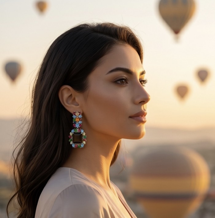 Giovanna 29.5 carat Champagne Smoky Topaz Rhodium over .925 Sterling Silver handmade Statement Earrings - Side view of woman wearing colorful gemstone earrings with topaz centerpiece