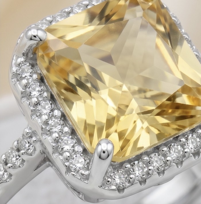 Splendid ASSHER cut 7.2 carat yellow Sapphire .925 Sterling Silver brilliantly handcrafted ring s. 7 1/4 - Close-up of 7.2 carat yellow sapphire ring with diamond halo.