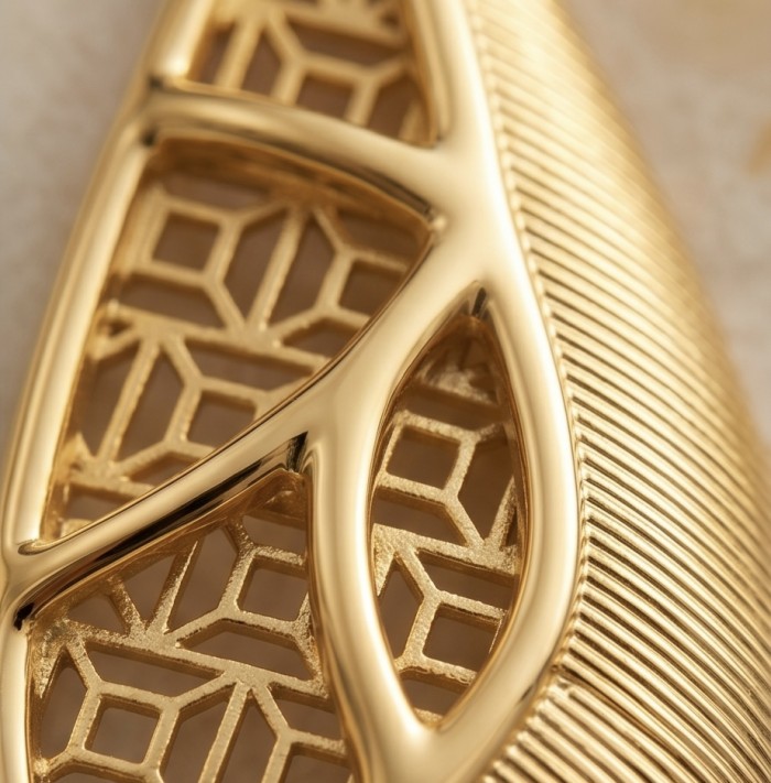 Dubai Style - Golden fancy Drops .925 Sterling Silver dipped in 22K Gold handmade Earrings - Close-up of geometric pattern on golden drop earrings.