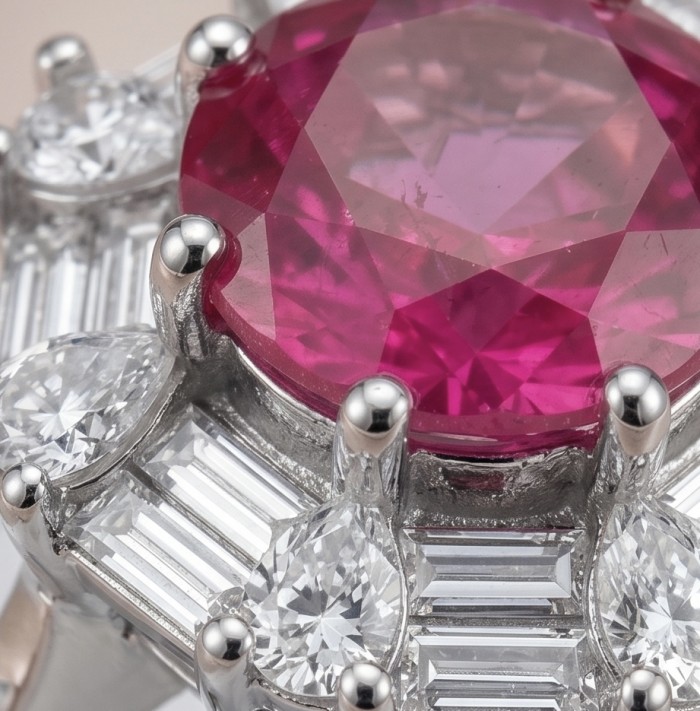 Art Deco - Emily 4.8 carat Brazilian Pink Topaz .925 Sterling Silver Handcrafted Statement Ring size 8 - Close-up of pink topaz and diamond details in Art Deco ring.