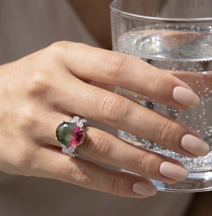 Rio 6.8 carat Brazilian Tourmaline .925 Sterling Silver dipped in 18K Gold Perfectly handcrafted Ring s. 8 1/4 - Hand wearing Rio 6.8 carat tourmaline silver ring, holding glass of water.