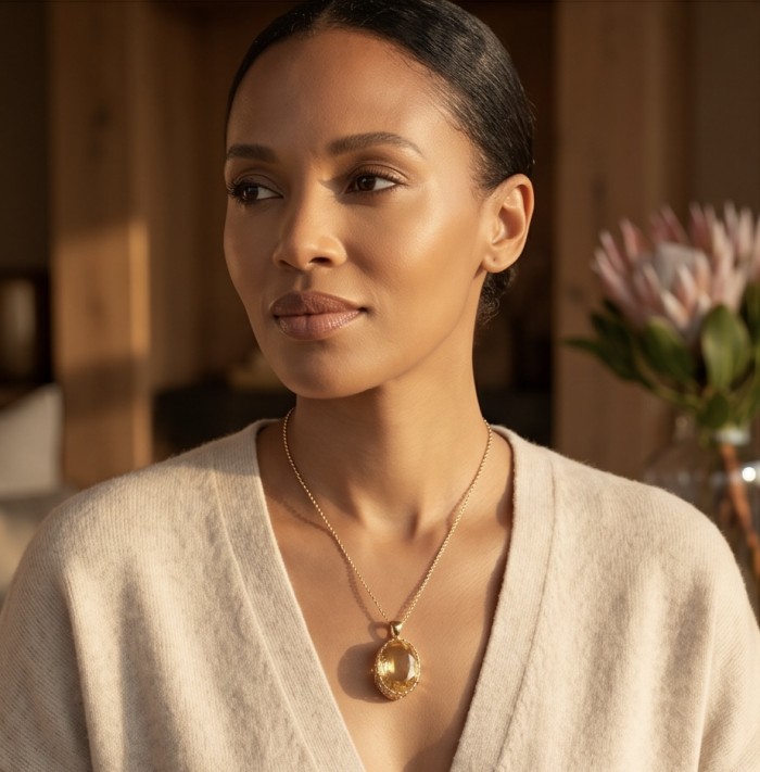 Perfection Oval cut 30.3 carat Lemon Quartz 18K Gold over .925 Sterling Silver handcrafted LARGE pendant - Model wearing Perfection Oval Lemon Quartz necklace in natural light.