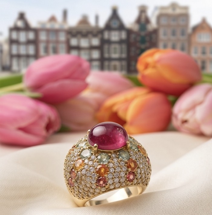 Blooming Garden Natural 10.8 carat Mozambique Ruby rhodium over .925 Sterling Silver handmade Statement Ring size 7 - Close-up of Blooming Garden ring with 10.8 ct Mozambique ruby.