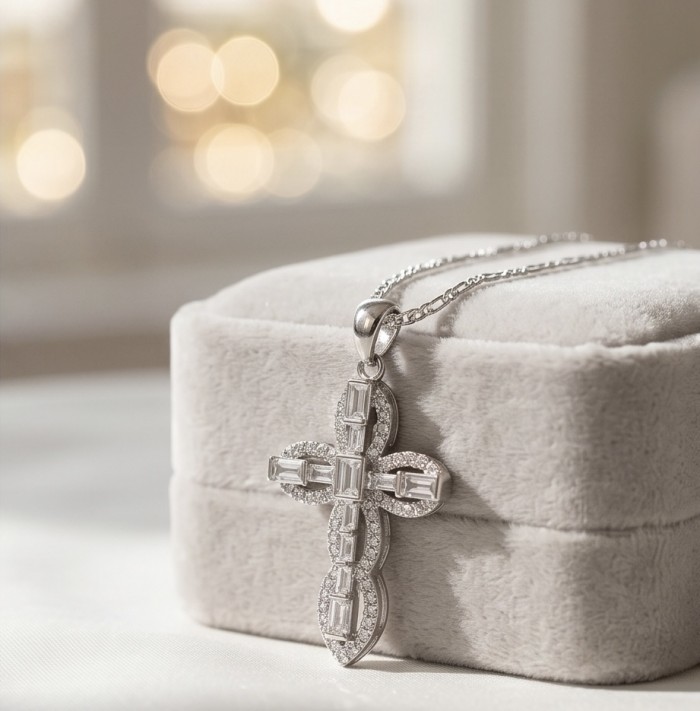 Precious Cross Genuine 14K White rhodium over .925 Sterling Silver handmade necklace - Side view of a cross pendant on white rhodium over sterling silver box