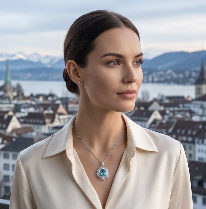 Wonderland 6.8 carat Paraiba Tourmaline .925 Sterling Silver Handcrafted Statement necklace - Woman wearing Wonderland Paraiba Tourmaline pendant, cityscape background.