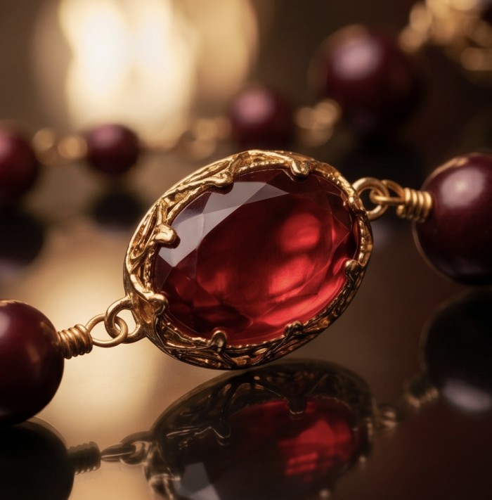 Incredible 48 inches long Red Topaz 10K Gold over .925 Sterling Silver handmade Necklace - Close-up of red topaz stone set in 10K gold over sterling silver.