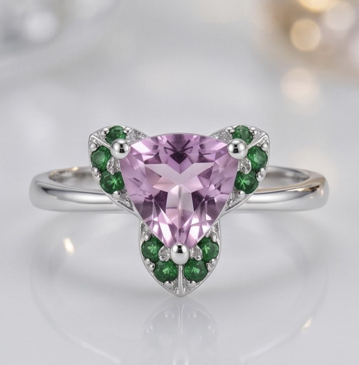 Purple Queen trillion cut 5.2 carat Amethyst .925 Sterling Silver Handcrafted Ring size 10 - Front view of Purple Queen trillion cut amethyst ring with green accents