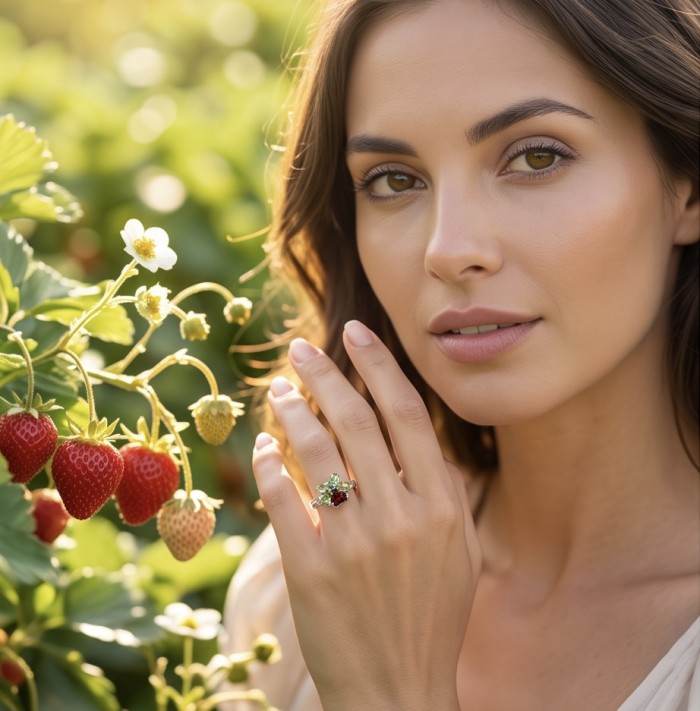 Red Heart 8.1 carat Multigem rhodium over .925 Sterling Silver Handcrafted Ring size 8 - Model wearing Red Heart ring with strawberries in background.