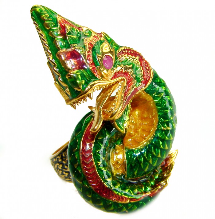 Large green Dragon - symbolizes supernatural power- Enamel Ruby 18K Gold over .925 Sterling Silver Huge handcrafted Ring s. 8 - photo 4
