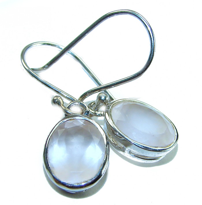 Authentic 6.2 carat Rose Quartz .925 Silver handcrafted Statement earrings - Close-up of handcrafted silver earrings with 6.2 carat rose quartz stones.