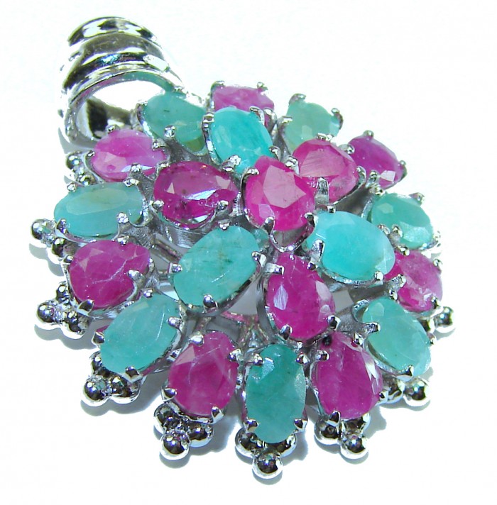 Circle of Life 22.2 carat authentic Ruby Emerald .925 Sterling Silver handmade Pendant - Close-up of "Circle of Life" pendant with rubies and emeralds.