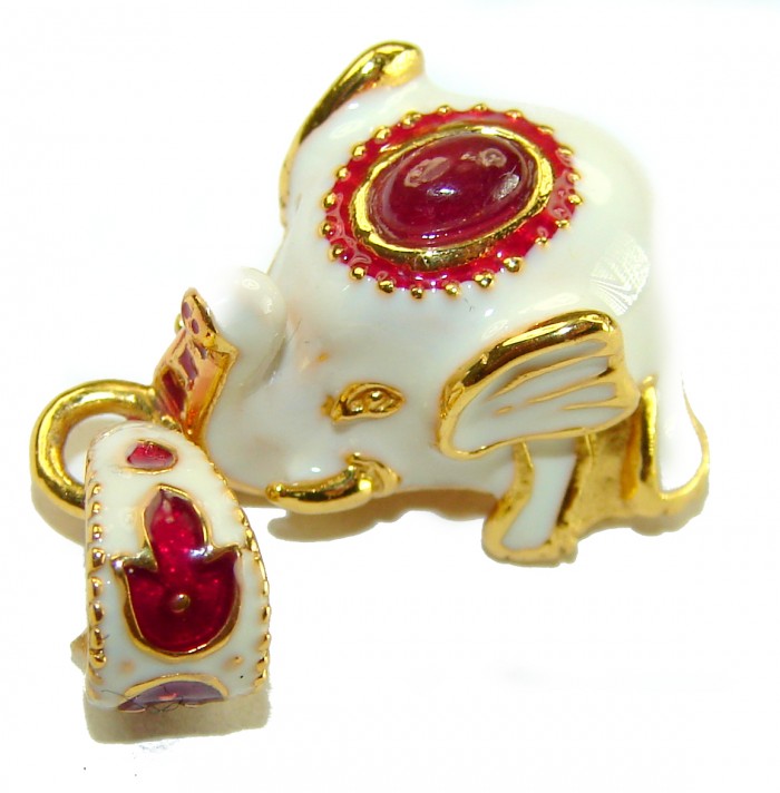 White Elephant Enamel Ruby 18K Gold over .925 Sterling Silver handmade Pendant - White elephant enamel pendant, side view, ruby accents, gold detailing.