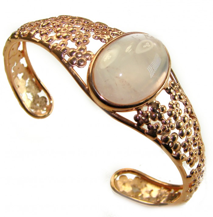 Vintage Beauty Genuine 20.5 carat Brazilian Rose Quartz Rose quartz 18K Gold over .925 Sterling Silver handcrafted Bracelet / Cuff - Side view of vintage rose quartz bracelet with floral details.