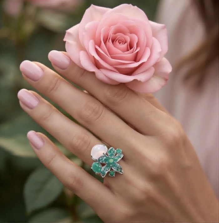 Stella 14.4 carat Brazilian Rose Quartz Emerald .925 Sterling Silver dipped in rhodium handmade ring 8 - Hand wearing Stella 14.4 carat Brazilian Rose Quartz Emerald ring.