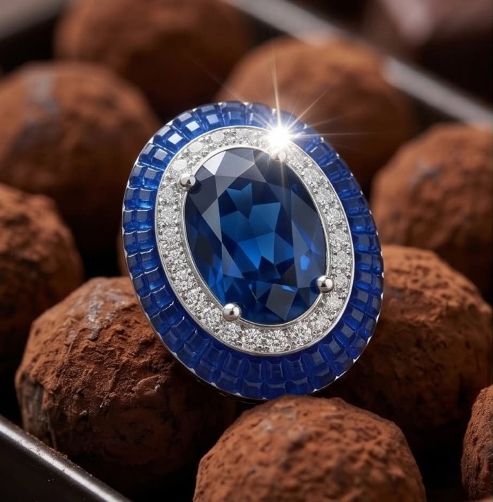 Art Deco - Incredible genuine 10.5 CARAT Sapphire .925 Sterling Silver handcrafted Earrings - Close-up of Art Deco sapphire ring with diamond accents on truffles.