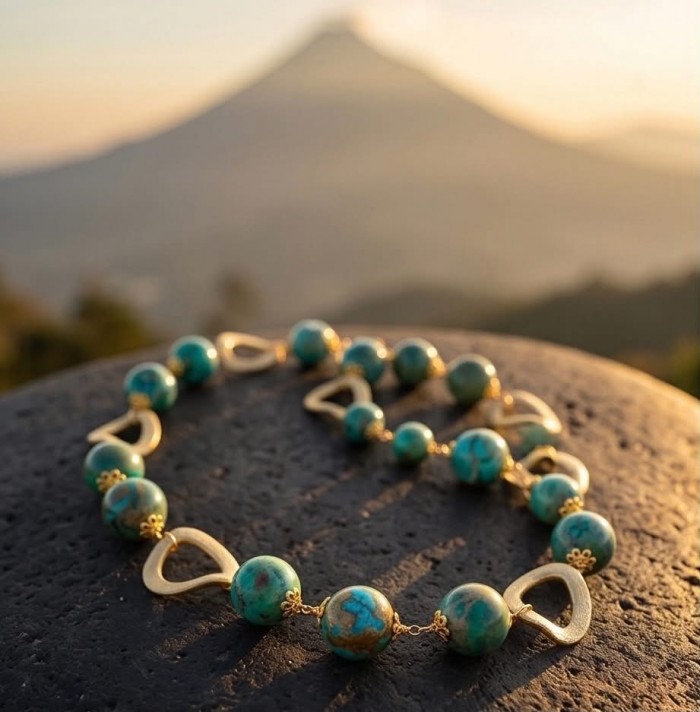 Bohemian Style Sea Sediment Jasper .925 Sterling Silver dipped in 14K Gold handmade necklace - Necklace close-up with sea sediment jasper on stone background.