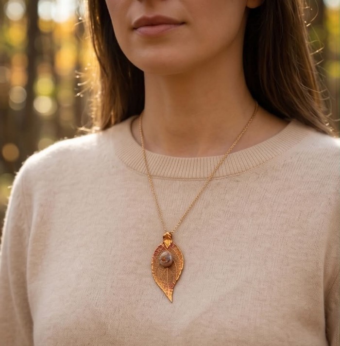 Stylish REAL Leaf dipped in copper Mexican Opal .925 Sterling Silver and Copper Pendant - Woman wearing copper-dipped leaf necklace with Mexican Opal.