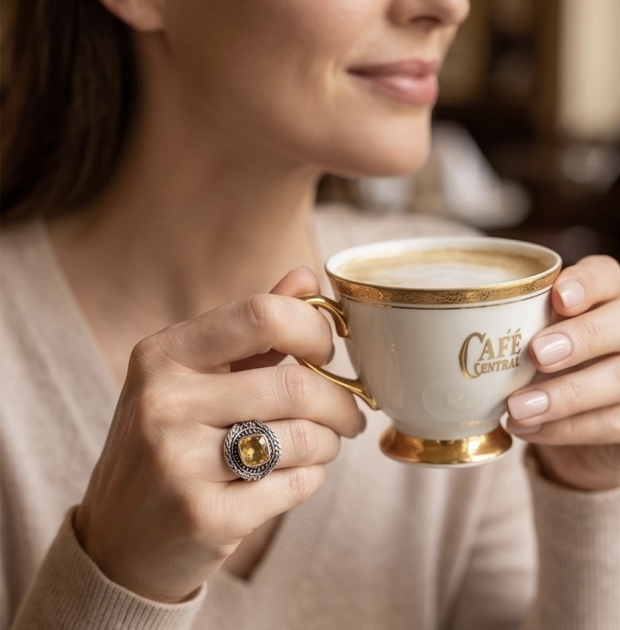 Solid 9.8 carat Genuine Citrine .925 Sterling Silver handcrafted ring size 7 - Worn on hand, 9.8 ct Citrine Sterling Silver ring holding coffee cup.