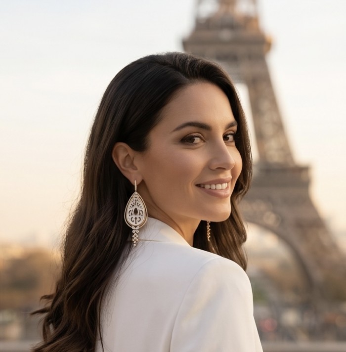Genuine Blister Pearl lab grown Diamond 18K Gold over .925 Sterling Silver handcrafted Long Statement Earrings - Woman wearing pearl earrings with Eiffel Tower in background