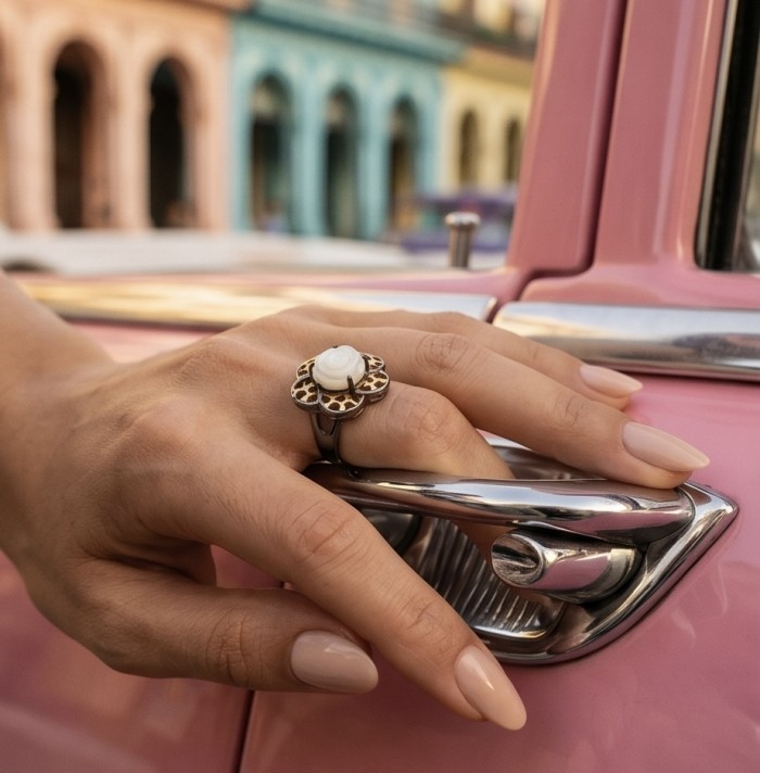 Luxurious Flower Blister Pearl 18K Gold Rhodium over .925 Sterling Silver brilliantly handcrafted ring s. 7 3/4 - Worn on hand, flower blister pearl ring on car door handle.