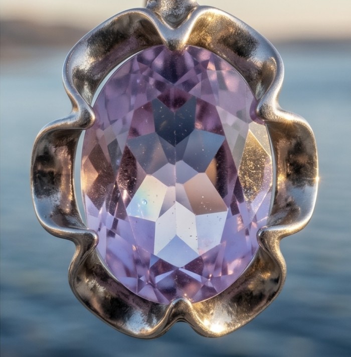 Norwegian Pink Fiord Quartz .925 Sterling Silver earrings - Close-up of Norwegian Pink Fiord Quartz silver earring