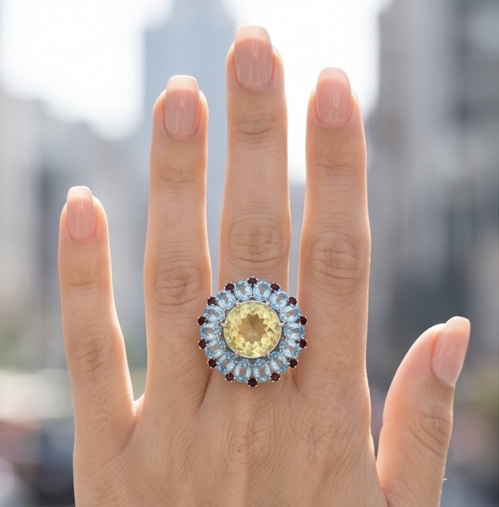Vivien - Natural 25.8 carat pear cut BRAZILIAN Citrine Aquamarine .925 Sterling Silver dipped in 22K Gold handmade Statement Ring size 7 1/2 - Worn on hand: Vivien ring with 25.8 carat Brazilian citrine and aqua stones