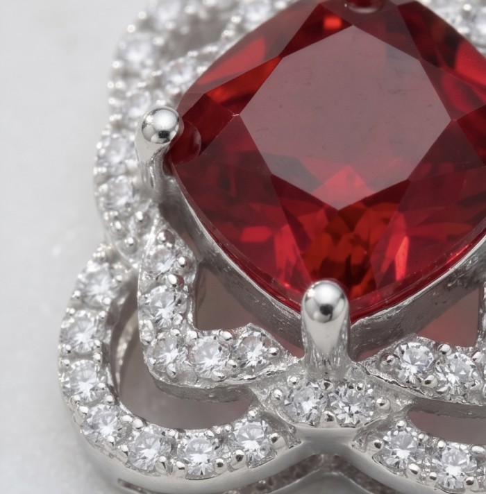 Authentic 6.5 CARAT Ruby .925 Sterling Silver Pendant - Close-up of ruby and diamond sterling silver pendant.
