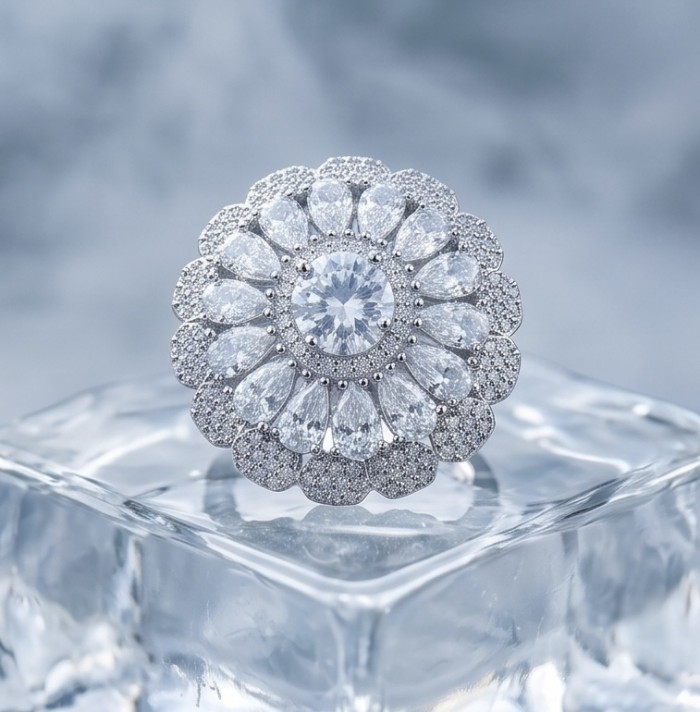 Giovanna - Precious 14.5 carta White Topaz rhodium over .925 Sterling Silver Statement ring size 7 1/4 - Top view of Giovanna ring with white topaz stones on ice block.