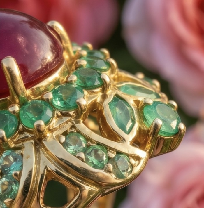 Carmen Natural 15.4 carat Ruby .925 Sterling Silver dipped in 22K Gold handmade Large Statement Ring size 8 - Close-up of Carmen Ruby ring with green stones in gold setting.