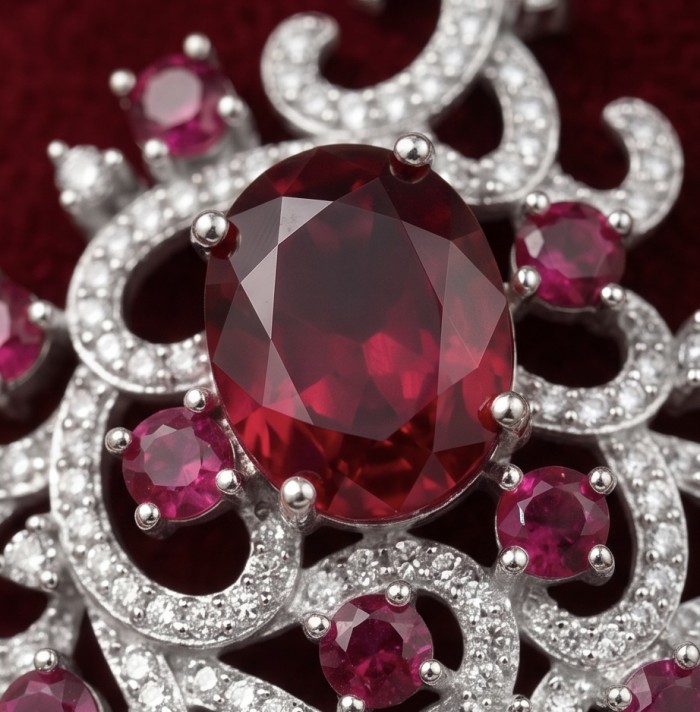 Tiffany - authentic 14.5 carat Mozambique Ruby .925 Sterling Silver dipped in White Gold handcrafted Statement Earrings - Close-up of Tiffany 14.5 ct Mozambique ruby with diamond accents