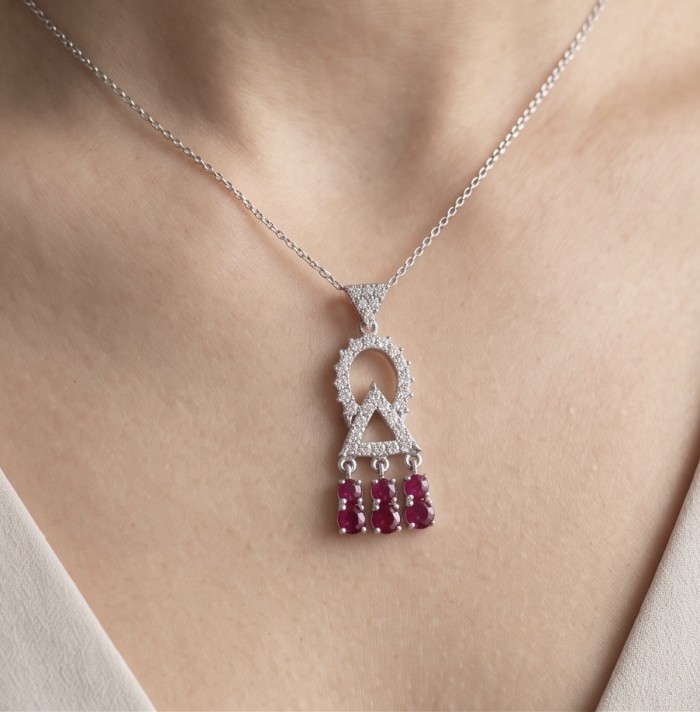 Precious - Art Deco 8.2 carat Ruby rhodium over .925 Sterling Silver handmade earrings - Worn on neck, Art Deco pendant with rubies and rhodium over sterling silver