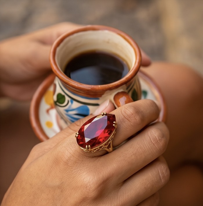 Carmen Natural 25.4 carat Ruby .925 Sterling Silver dipped in 22K Gold handmade Large Statement Ring size 6 1/4 - Ruby ring worn on hand, holding a decorated coffee cup