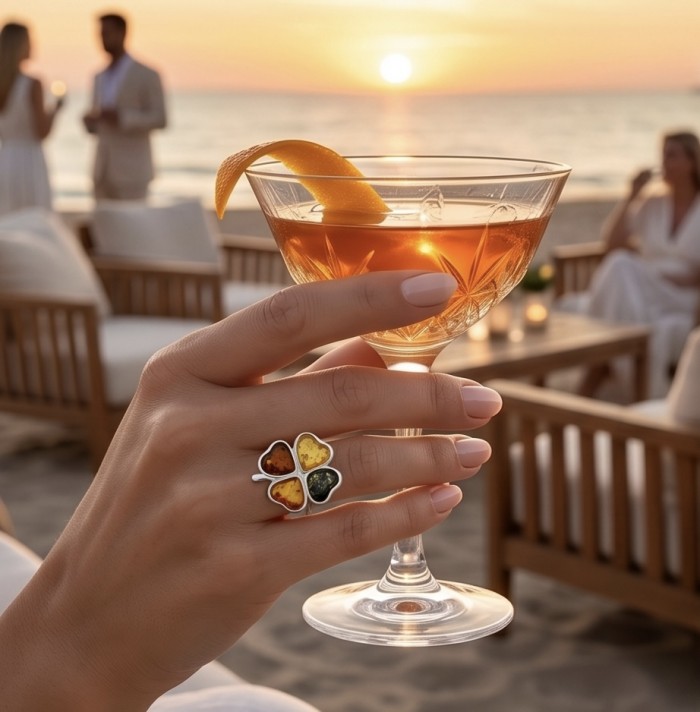 Golden Flower Authentic Baltic Amber rhodium over .925 Sterling Silver handcrafted ring; s. 7 adjustable - Amber ring worn on hand holding cocktail at sunset beach.