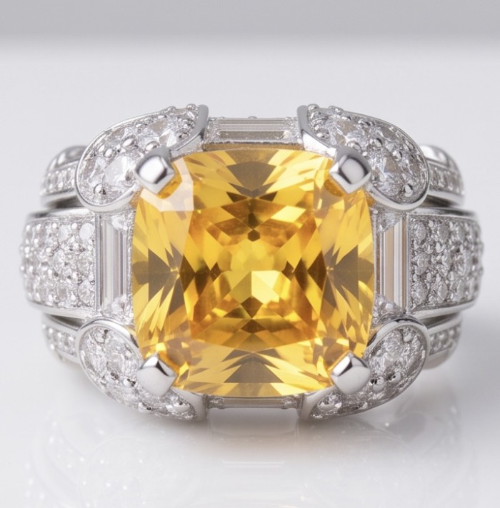 Anastasia 10.2 carat yellow Sapphire .925 Sterling Silver dipped in Rhodium Handcrafted Statement Ring size 6 - Close-up of Anastasia 10.2 ct yellow Sapphire in sterling silver setting