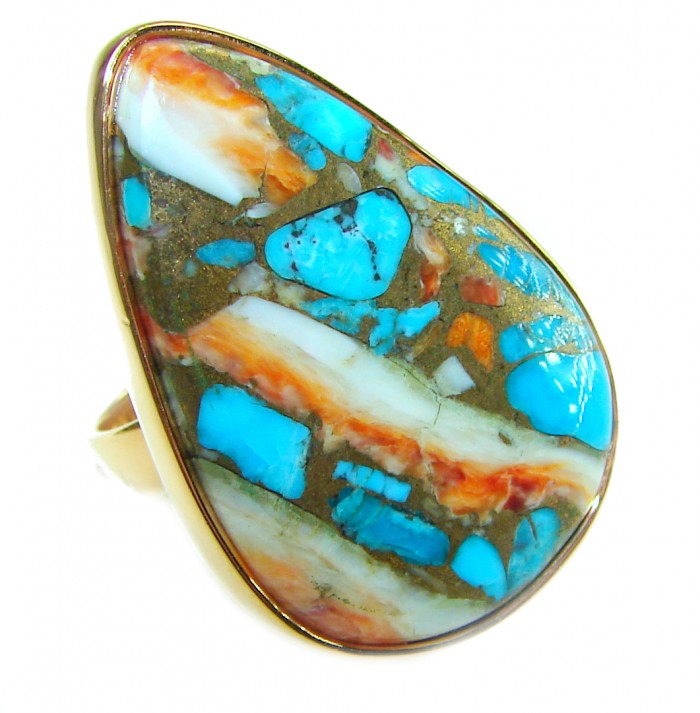Huge Rare 39.5 carat Oyster Turquoise 18K Gold over .925 Sterling Silver handcrafted Large ring; s. 7 adjustable - Close-up of 39.5 carat oyster turquoise ring in 18K gold over sterling silver