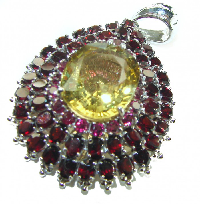 Vintage Design Genuine 37.5 carat precious Citrine Garnet .925 Sterling Silver handmade Pendant - Close-up of vintage design pendant with citrine and garnet stones.