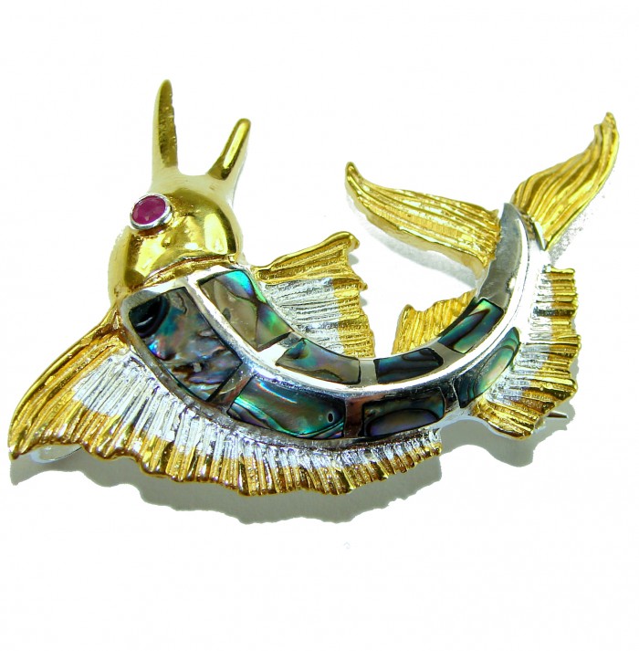 Precious Fish Natural Rainbow Abalone Ruby 14K Gold over .925 Sterling Silver handmade Pendant Brooch - Gold fish brooch with abalone and ruby, side view.