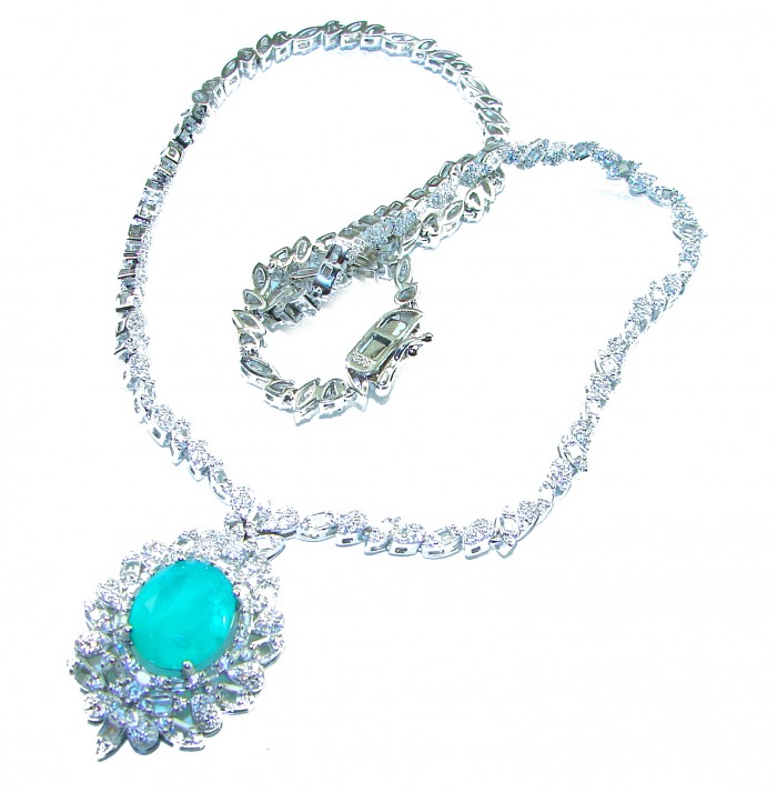 Giovanna 10.2 carat authentic Emerald rhodium over .925 Sterling Silver handcrafted Statement necklace - Emerald necklace on white background, showcasing pendant and chain detail.
