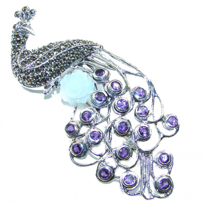 Huge Natural 8.9 carat Amethyst Greaceful Peacock .925 Sterling Silver Large Brooch - Peacock brooch with amethyst stones, top view.