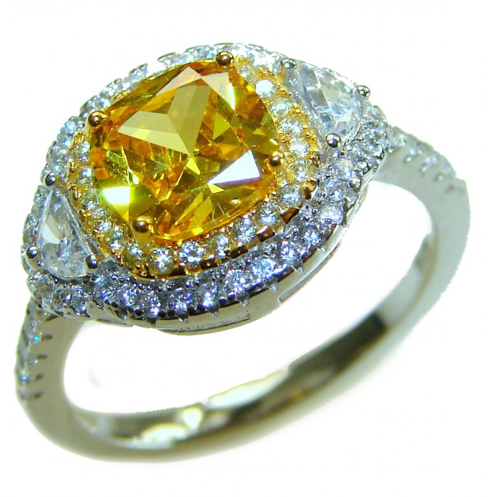 Assher cut 6.2 carat yellow Sapphire .925 Sterling Silver brilliantly handcrafted ring s. 6 1/4 - Yellow sapphire ring in sterling silver, close-up angled view.