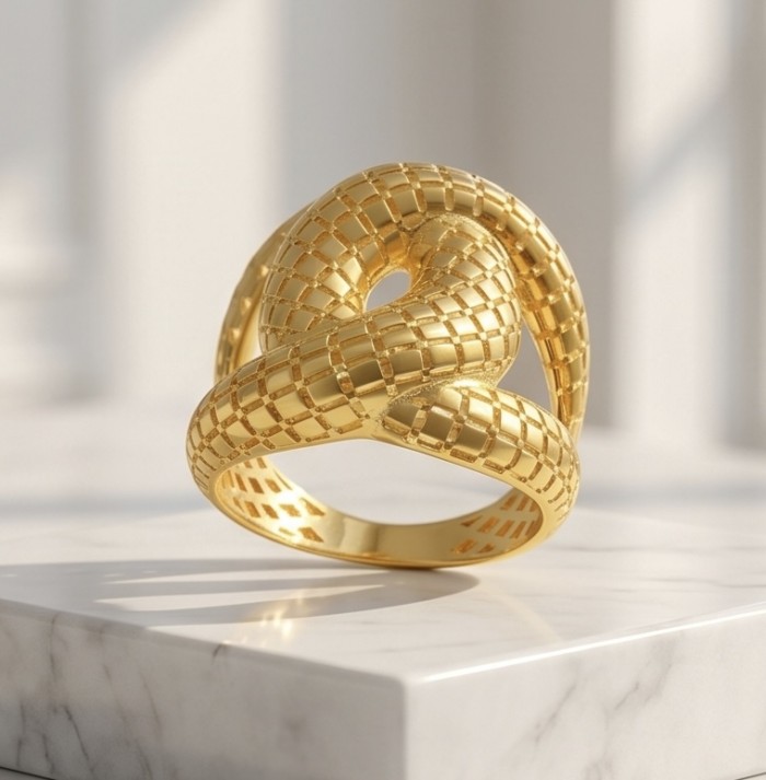 Dubai Style - Golden knot - .925 Sterling Silver dipped in 22K Gold handmade Large ring size 8 - Dubai Style golden knot ring on marble surface, front angle view.