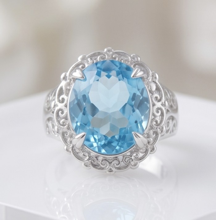 14.5 carat authentic Swiss Blue Topaz .925 Sterling Silver dipped in rhodium handmade Statement Ring size 8 1/4 - Close-up of Swiss Blue Topaz ring in sterling silver.