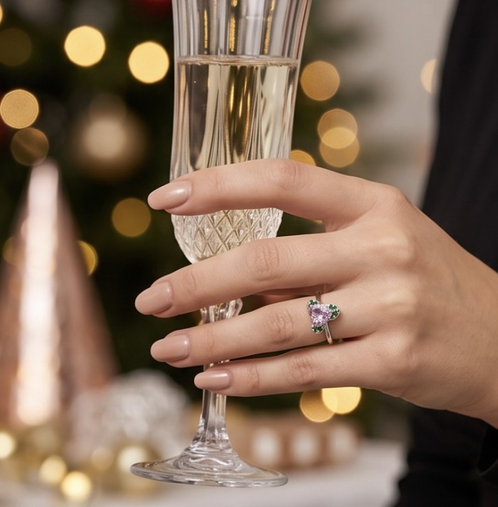 Purple Queen trillion cut 5.2 carat Amethyst .925 Sterling Silver Handcrafted Ring size 10 - Amethyst ring worn on hand, holding a champagne glass.