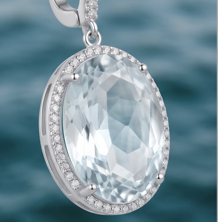 Angelina 14.9 carat authentic White Topaz .925 Sterling Silver Handcrafted Earrings - Close-up of white topaz pendant set in sterling silver with diamonds